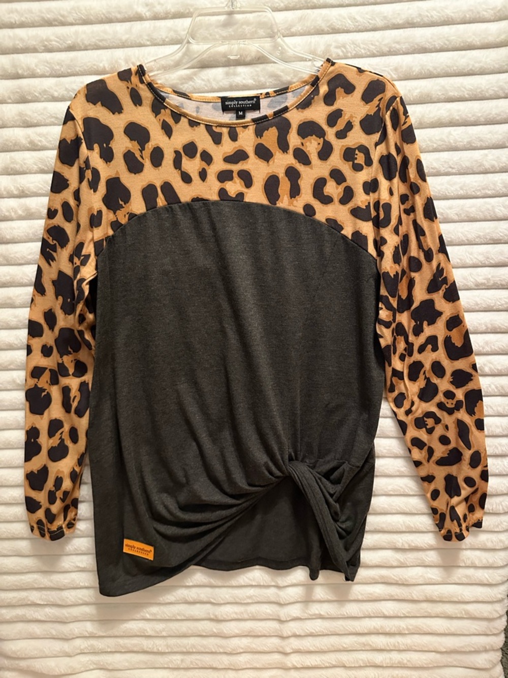 Simply Southern Black Body with Leopard Print Sleeve Knot-Front Long Sleeve Top